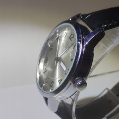 TAXAU Quartz Silver Dial Day Indicator Black Leather Stainless Steel Watch
