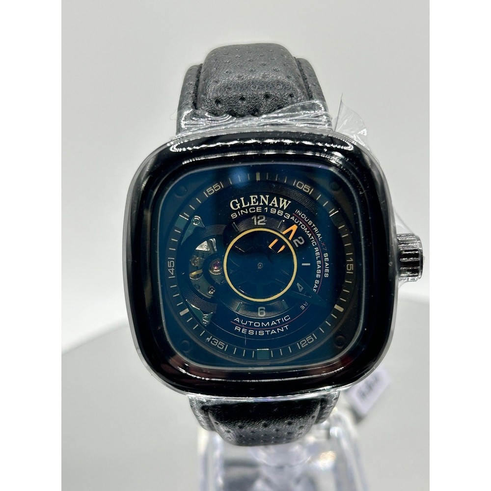 Glenaw Skeleton mechanical Automatic Black Mens Watch, NWT in Box, #8821G