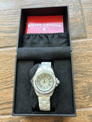 Swiss Legend White Ceramic Quartz Watch Roman Numerals Date Bracelet w/Box