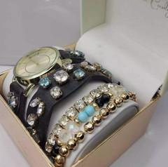 JESSICA CARLYLE LADIES QUARTZ BLACK GOLD-TONE WATCH 34 MM BRACELET SET NIB