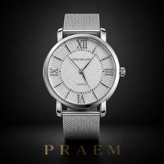 Gino Milan Silver Milanese Mesh Band Quartz Watch 45mm Modern Luxury Dress Watch