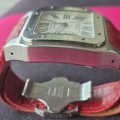 Cartier Santos Automatic Square Silver Watch White Roman Dial Red Strap