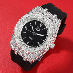 Men’s Bling Iced Out Black Band Watch Simulated Diamond Octagon Bezel Black Dial