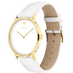 MOVADO Signature White Dial & White Leather Strap Gold Watch 0608097