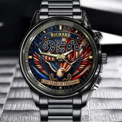 Personalized USA 250 Years of Freedom Eagle Flag Black Stainless Steel Watch