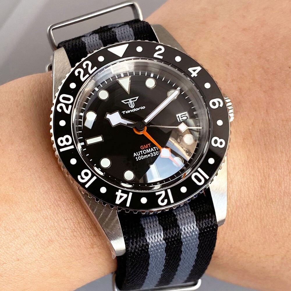 38mm Tandorio Black White Japan NH34A GMT Automatic Mens Watch Ceramic bezel