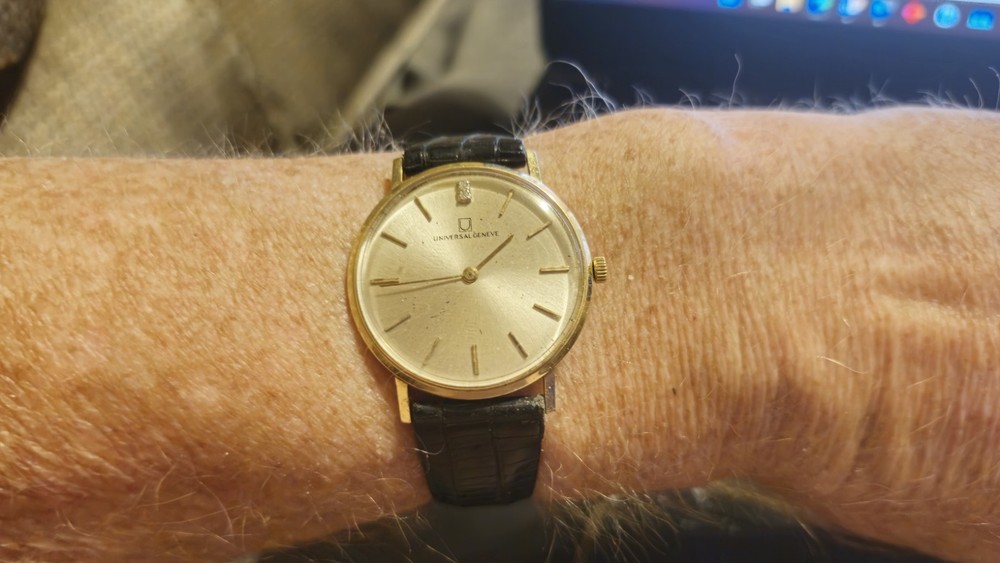 universal geneve ultra thin vintage watch with rare double diamond setting