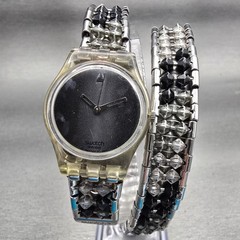 Swatch SPINNIN’ AROUND Watch Women Gray Dial Clear Case Round LK205 New Battery