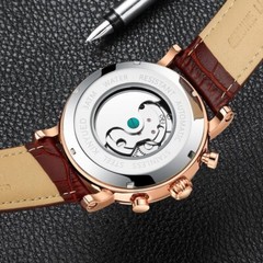 Mens Automatic Mechanical Watch Date Day Rose Gold White Brown Leather Strap