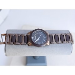 Brighton Brooklyn Quartz Watch Bronze Rubber Etched Swirl Bezel Fold Over Clasp