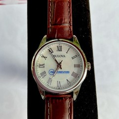 BULOVA Mother of Pearl Face Brown Leather Strap Women’s Watch-EUC!