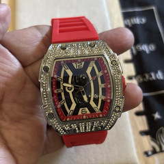 Tonneau Analog Wristwatch Skeleton Dial, Red Silicone Strap Silver/Black Case