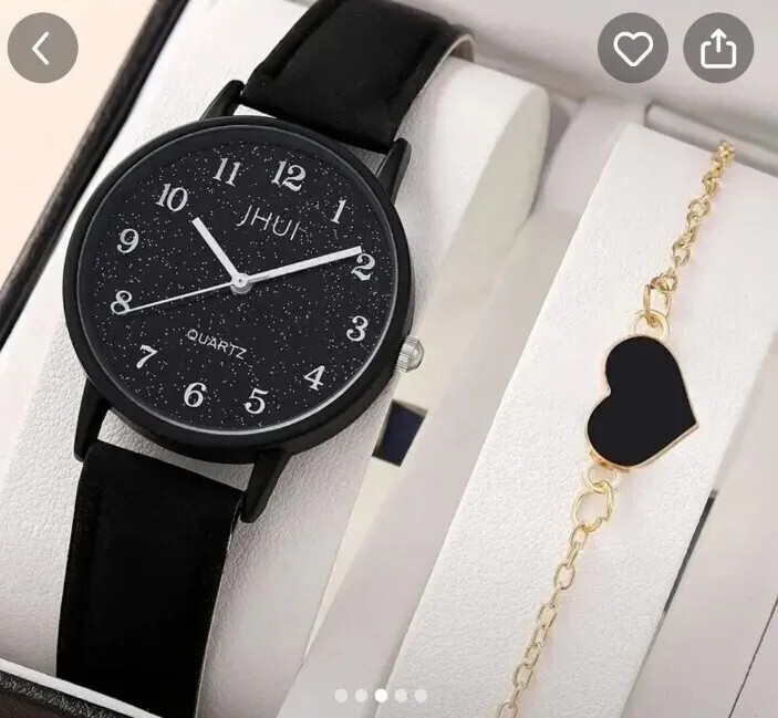 Rhinestone Decor Quartz Watch. Leather Strap, Zinc Alloy Round Dial & ♡ Bracelet