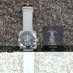 Christian Audigier Quartz 45mm Stainless Watch White Strap Black Dial Box
