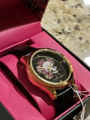 Ed Hardy Women’s Watch Skull Flowers Rhinestone Dial Gold Charm NWT