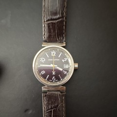 Louis Vuitton Tambour Women’s Purple Dial Date Quartz Watch Brown Leather Strap
