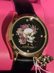 Ed Hardy Women’s Watch Skull Flowers Rhinestone Dial Gold Charm NWT