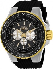 Invicta Men AVIATOR Silver 18 Gold Bezel Black Dial Strap Multi Function Watch