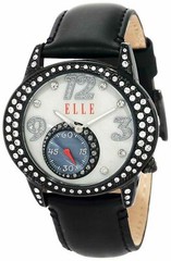 ELLE TIME EL20048S02N Women’s Crystal Accented MOP Dial Black Leather Band Watch