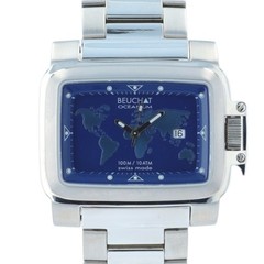 Beuchat Oceanium Mens Watch Blue World Map Dial Swiss 100M Steel Quartz