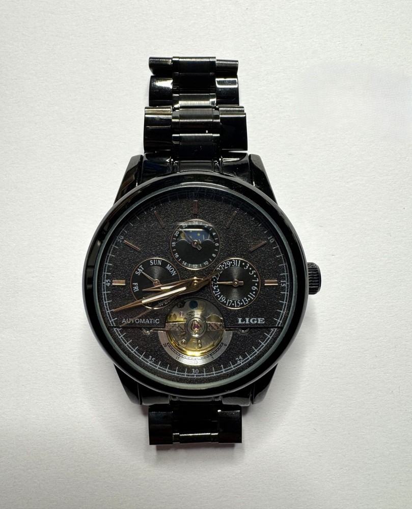 LIGE Automatic Mechanical Skeleton Watch Black Steel Men’s Calendar Kit
