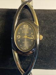 Vivani Watch Women Quartz Gold Black Tone Hinged Bangle K1194A New Battery