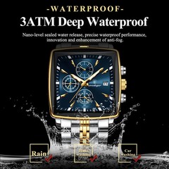 Luxury Men’s Watch Square Stainless Steel Waterproof Luminous Chrono