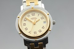 HERMES Clipper CL4.220 24mm Ivory Dial Gold Date Quartz Women’s Watch w/Box