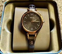 Fossil Georgia Women’s 32mm Gold-Tone Steel Watch Gray Dial Leather Band