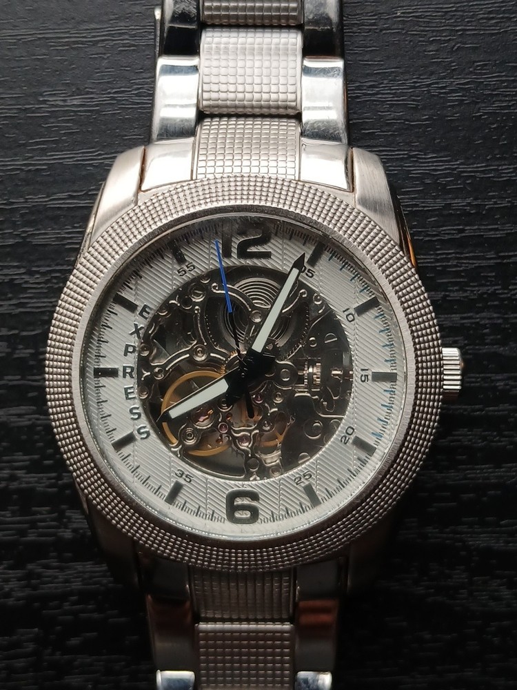 Express Automatic Skeleton Men’s Silver Tone Watch Great Condition Runs Great