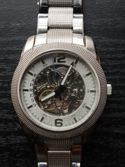 Express Automatic Skeleton Men’s Silver Tone Watch Great Condition Runs Great