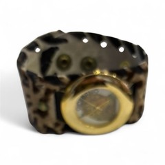 Vintage Giordano Leopard Watch Leather Bracelet Animal Print Gold Tone Quartz