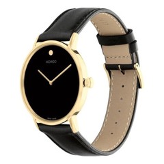 Movado Men’s Signature Yellow Gold Black Dial Leather Band Swiss Watch 0607591