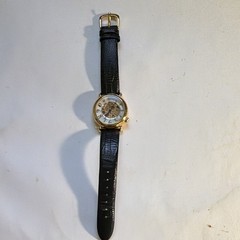 Stührling Automatic Skeleton Dial Gold Tone Steel Case Black Leather Strap