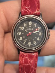 Vintage Alpine Watch Black Dial Red Band Works New Battery C70