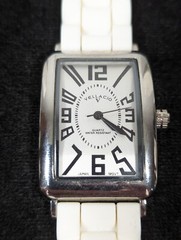 Vellacio Womans Silver Tone Dial Rectangle Case White Silicone Band Watch 8 In