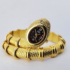 Snake Shape Women’s Bracelet Watch 20MM Black Dial Gold Bracelet Band