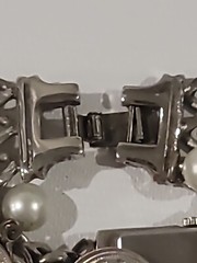 Jalga Charm Bracelet Watch Silver Tone Coins & White Pearls Japan Hong Kong Dial