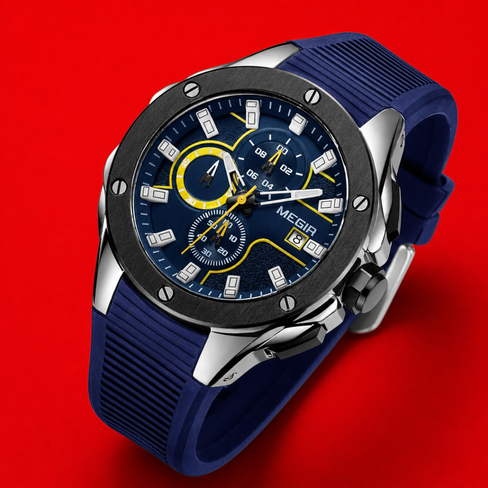 Men’s Sporty Chronograph Silicone Band Quartz Blue Yellow Dial Wrist Watch Megir