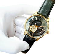 Bulova Automatic Gold Tone Black Dial Leather Band Men’s Watch 97A166