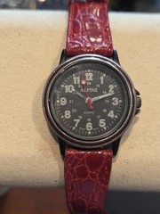 Vintage Alpine Watch Black Dial Red Band Works New Battery C70