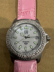 ESQ Swiss Diamond Quartz Dress Watch White Dial Pink Leather Band 37mm case