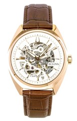 Bulova Surveyor Leather Strap Silver Skeleton Dial Automatic 97A175 Men’s Watch