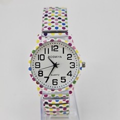 36MM Women’s Watch White Dial Polka Multicolor Strech Band 6.5″ New Battery