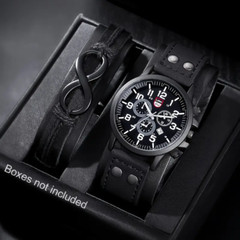 2pc Men PU Strap Calendar Quartz Watch with 1pc 8-shaped Feather Bangle Black