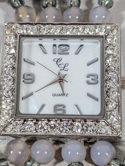 C L White Dial Crystal accent Square Silver Tone Case Glass Bead Band Watch