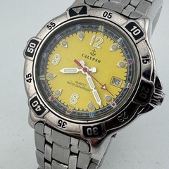 VTG Calypso Quartz Watch Men Silver Yellow Rotating Bezel Date New Battery 7″