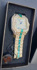 AJ ACCESSORIES 43MM ICED OUT GOLD WATCH WITH GREEN VVSCZ CRYSTALS ARABIC NUMBERS