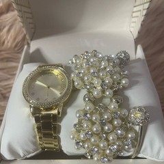 Gold Watch with Silver Pearl and Diamond Bracelets