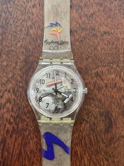 Swatch Sydney 2000 Clear Skeleton Dial Quartz Watch Plastic Strap 34mm 2000